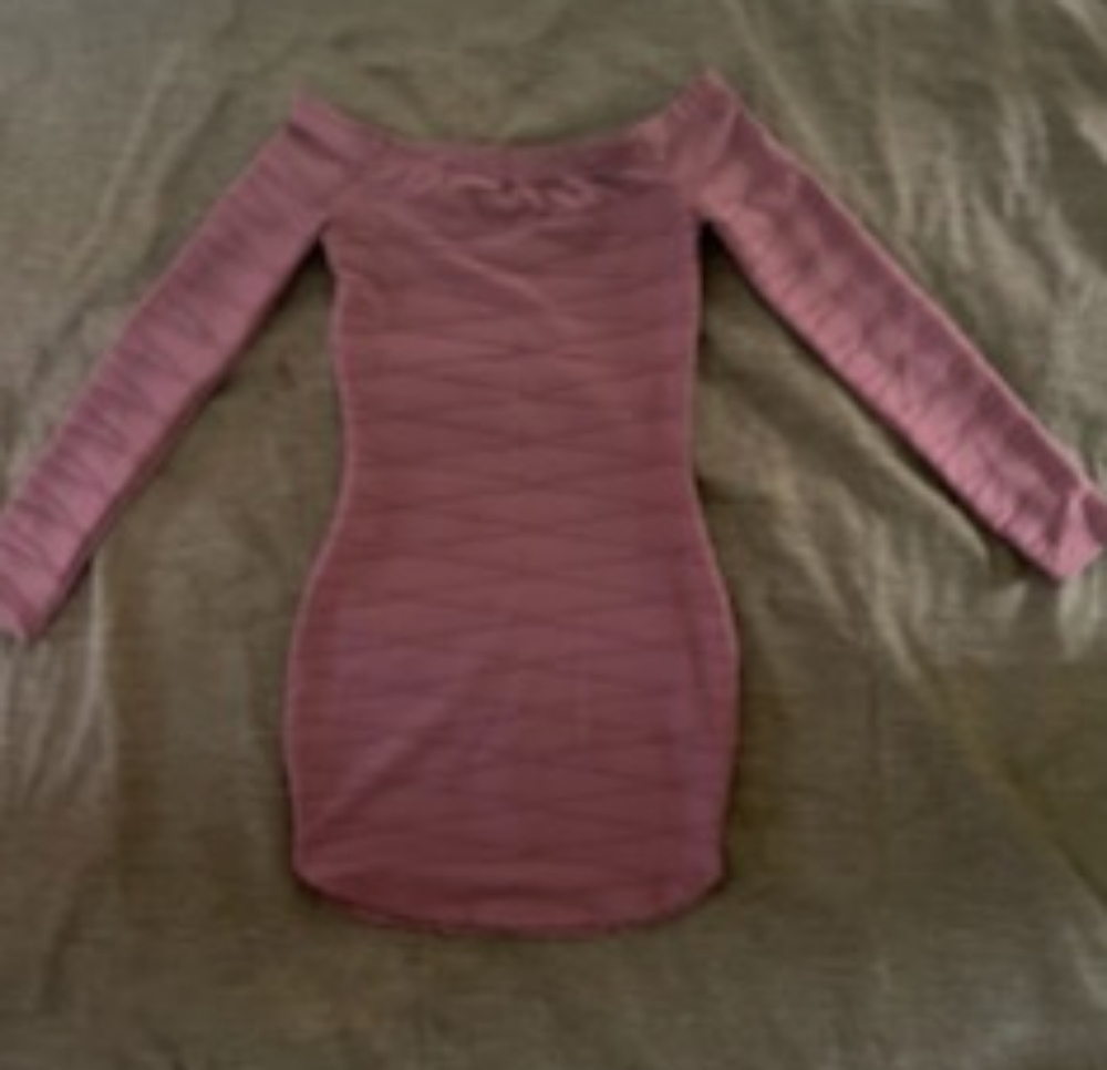 Windsor fitted off shoulder mini dress, long sleeve, mauve